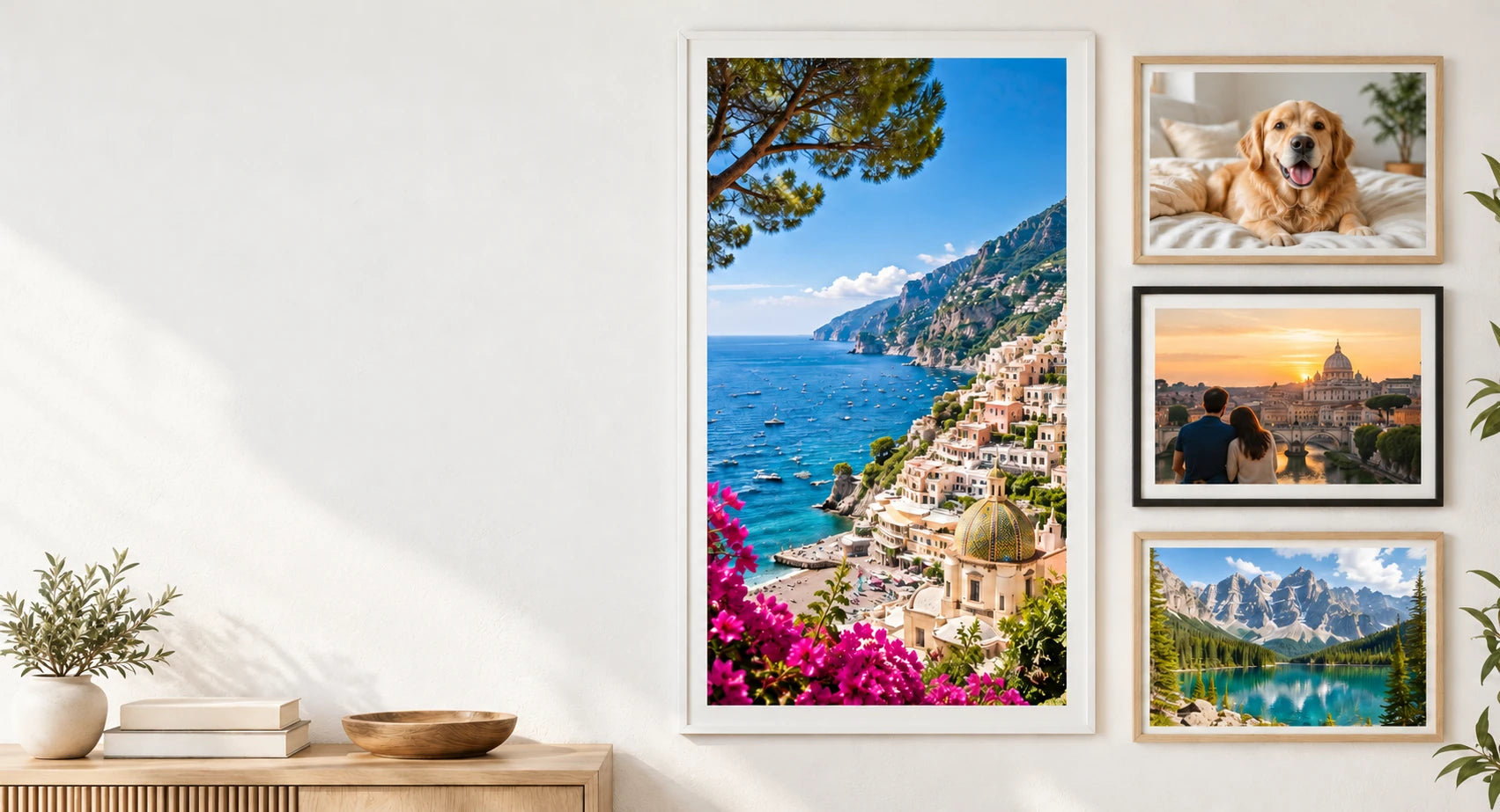 A collection of framed favourite moments: a blue coastline, a golden retriever, a couple at sunset and a mountain lake.